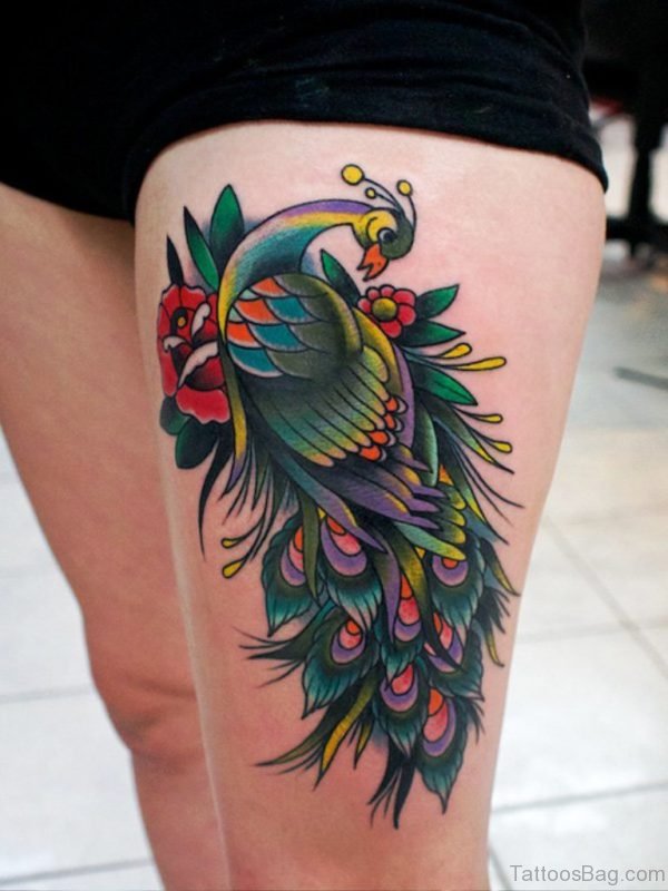 Peacock Tattoo On Thigh