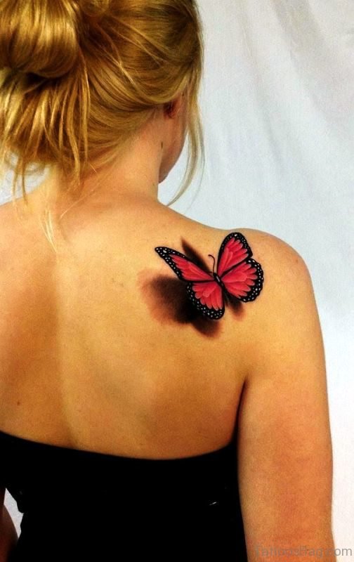 Perfect 3D Butterfly Tattoo On Back Shoulder