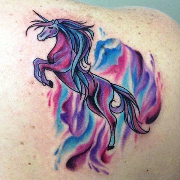 Perfect Unicorn Tattoo On Bak Shoulder