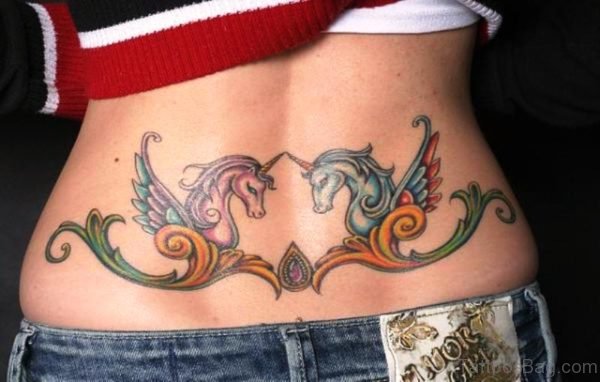 Pink And Blue Unicorn Tattoo On Lower Back