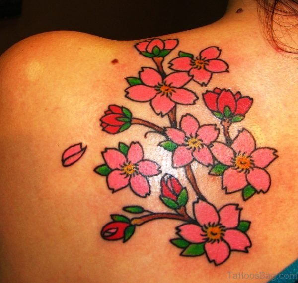 Pink And Red Flowers Tattoo On Shoulder