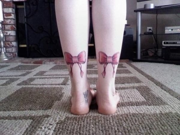 Pink Bow Tattoos On Girl Ankles