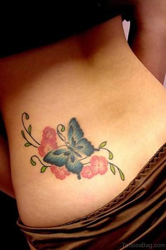 Pink Butterfly And Pink Flowers Tattoo