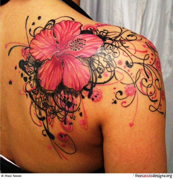 Pink Flower Tattoo On Back Shoulder
