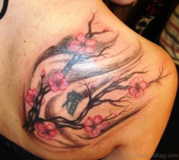 Pink Flowers Tattoo On Back Shoulder 1