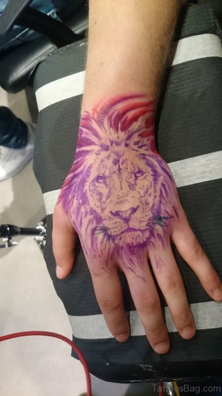 Pink Lion Tattoo On Hand