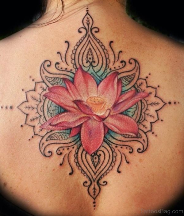 Pink Lotus Tattoo On Upper Back