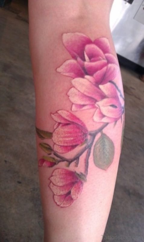 Pink Magnolia Tattoo On Leg 