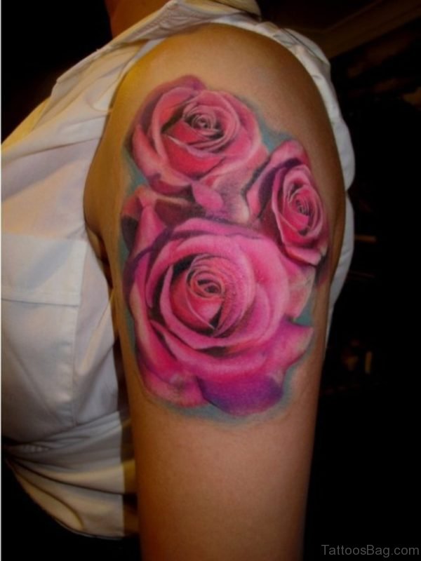 Pink Rose Tattoo Design On Shoulder 