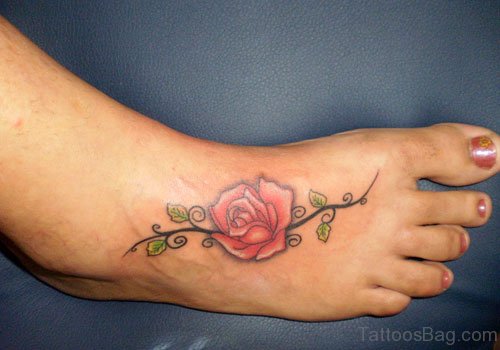 Pink Rose Tattoo On Foot 