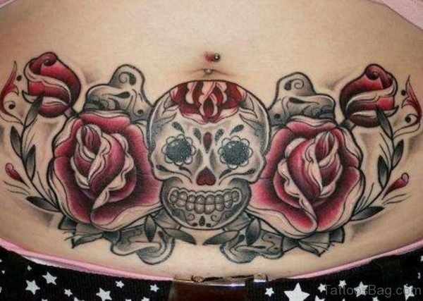 Pink Skull Flowers Lower Back Tattoo