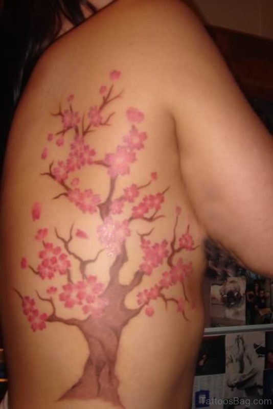 Pink Tree Tattoo On Rib
