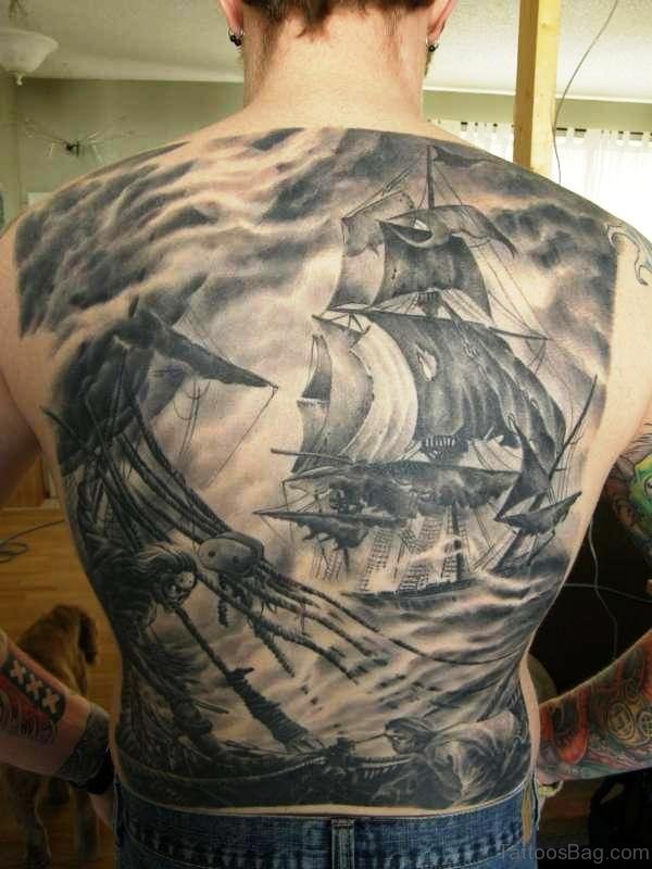 Pirate Ship Tattoo On Back