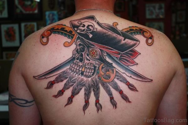 Pirates Of Caribbean Skull Traditional Tattoo On Upper Back