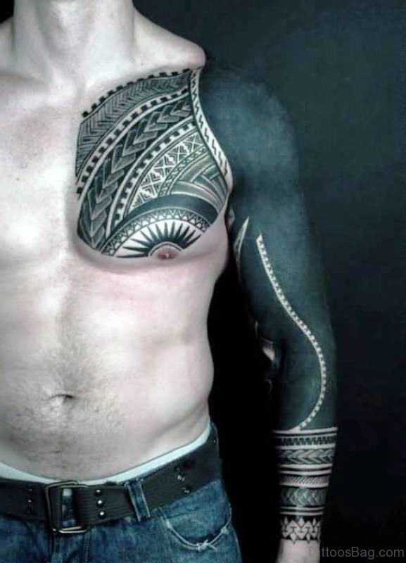 Polynesian Tribal Black Tattoo On Chest