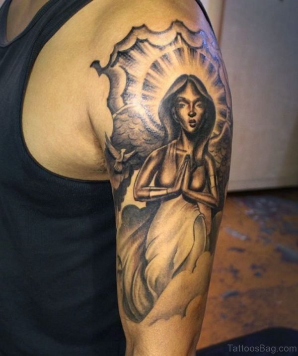 Praying Angel Tattoo On Shoulder 