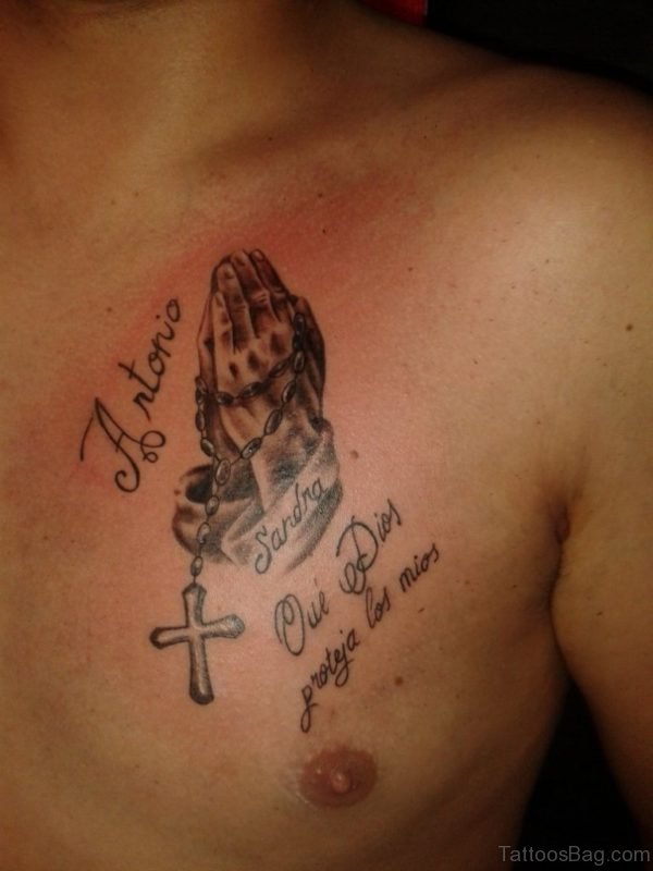 Praying Hands Rosary Cross Tattoo On Chest
