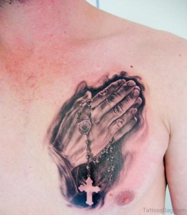 Praying Hands With Rosary Tattoo On Chest