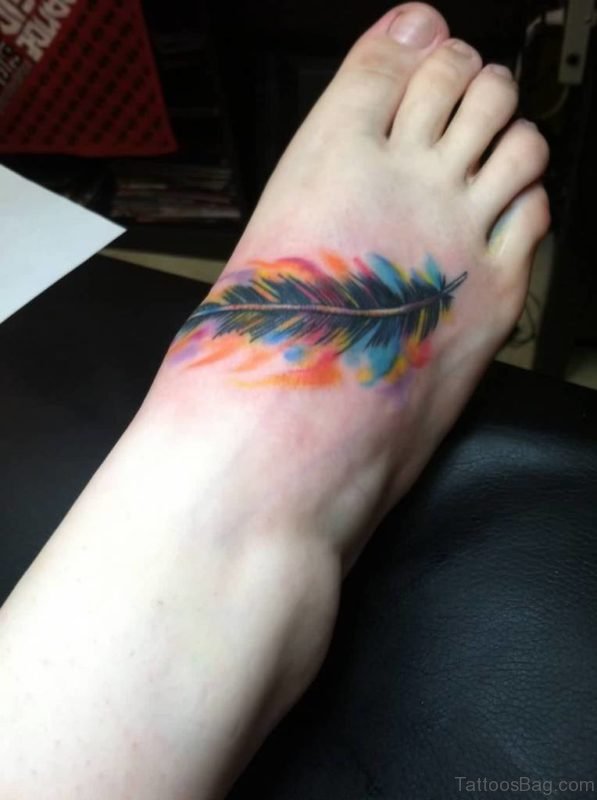 Pretty Feather Tattoo On Foot