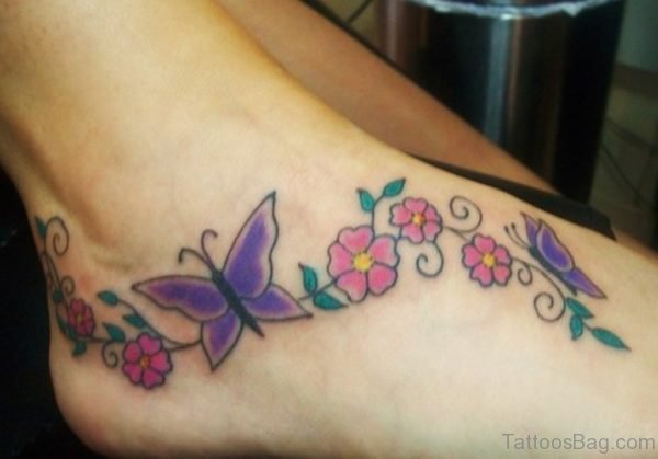 Purple Butterfly Tattoo On Foot