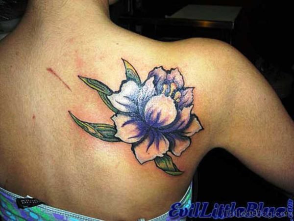 Purple Flower Tattoo On Back Shoulder