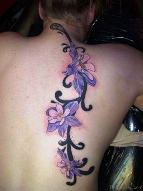 Purple Lily Tattoo On Back Shoulder