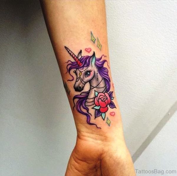 Purple Unicorn With Rose Tattoo On Wrist