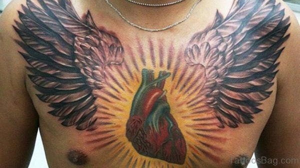Real Heart With Wings Tattoo On Man Chest 