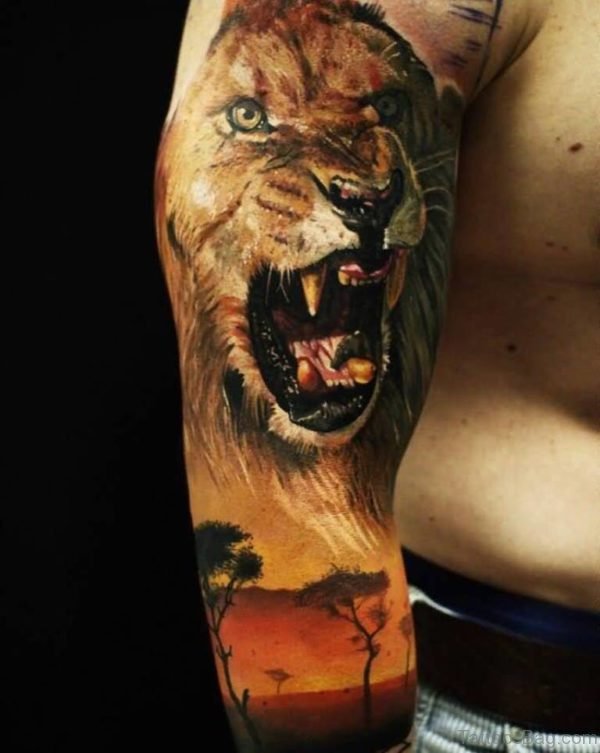 Realistic African Lion Tattoo On Full Sleeve 