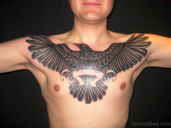 Realistic Black Crow Tattoo On Chest
