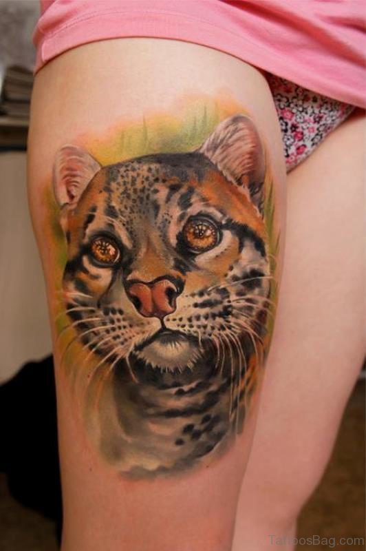 Realistic Cat Thigh Tattoo