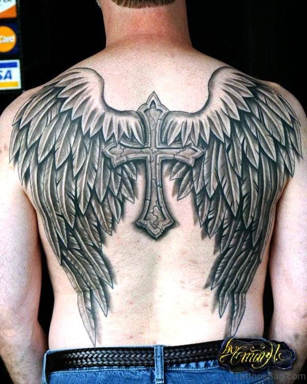 Realistic Cross With Winged Tattoo