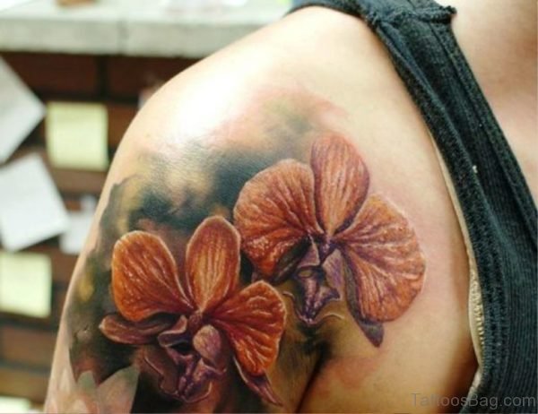 Realistic Flowers Tattoo On Shoulder