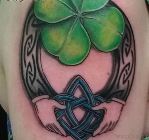 Realistic Four Leaf Shamrock With Celtic Claddagh Tattoo On Shoulder
