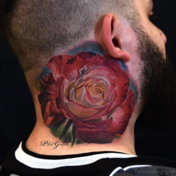 Realistic Rose Tattoo On Man Neck