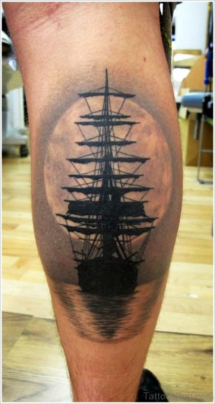 Realistic Sailing Ship Tattoo On Calf