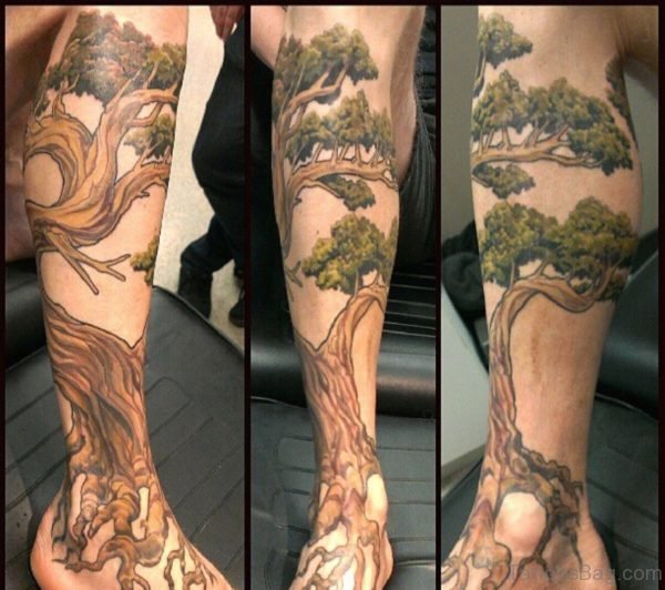 Realistic Tree Leg Sleeve Tattoo