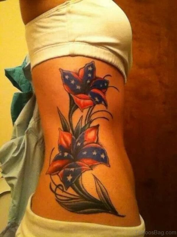 Rebel Flag Flower Tattoo On Rib 