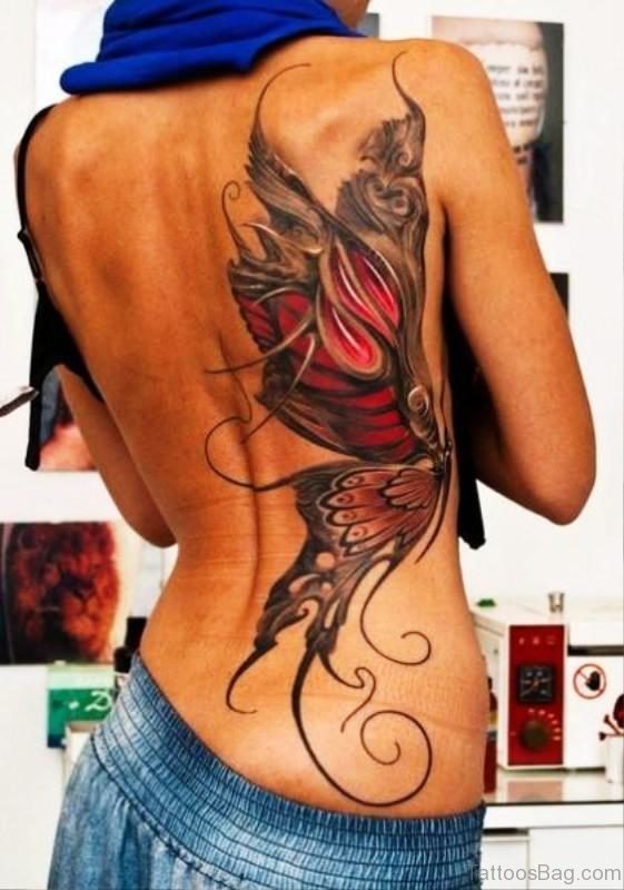 Red And Grey Butterfly Tattoo On Back