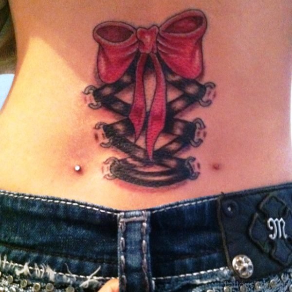 Red Bow And Corset Tattoo On Back