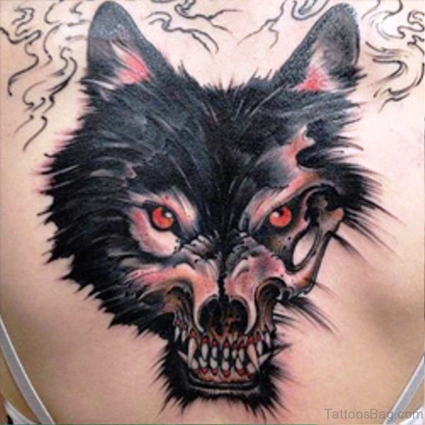 Red Eyes Alpha Wolf Tattoo On Back