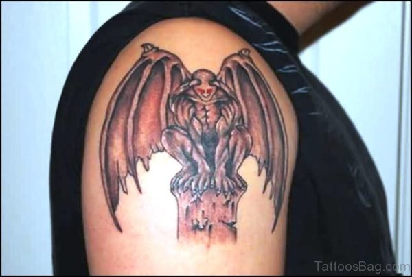 Red Eyes Gargoyle Tattoo On Shoulder