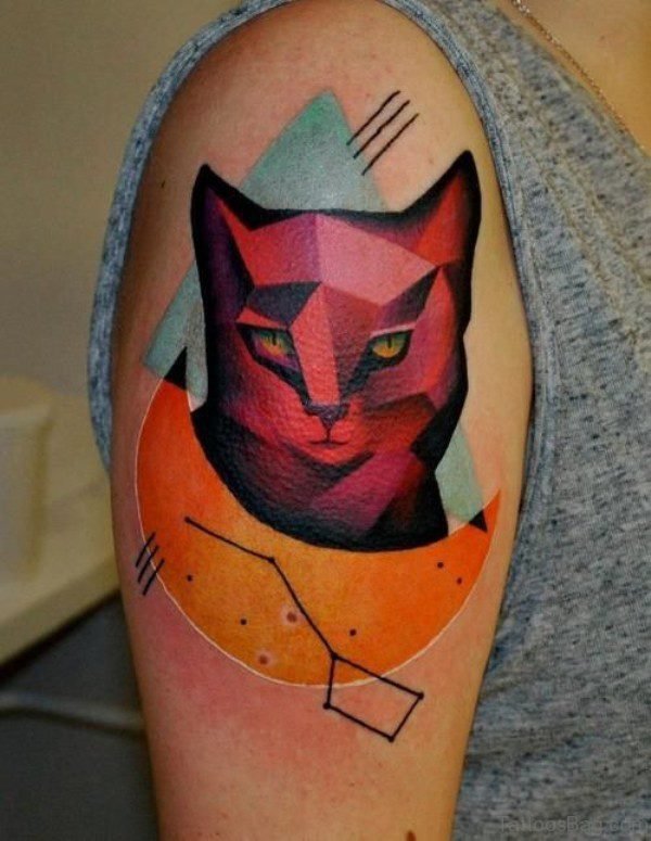 Red Face Cat Tattoo On Shoulder