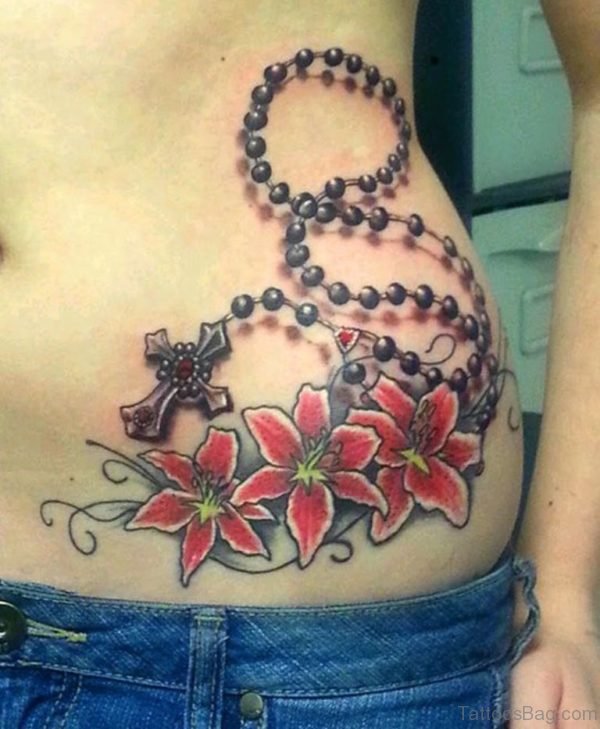 Red Flower And Rosary Tattoo