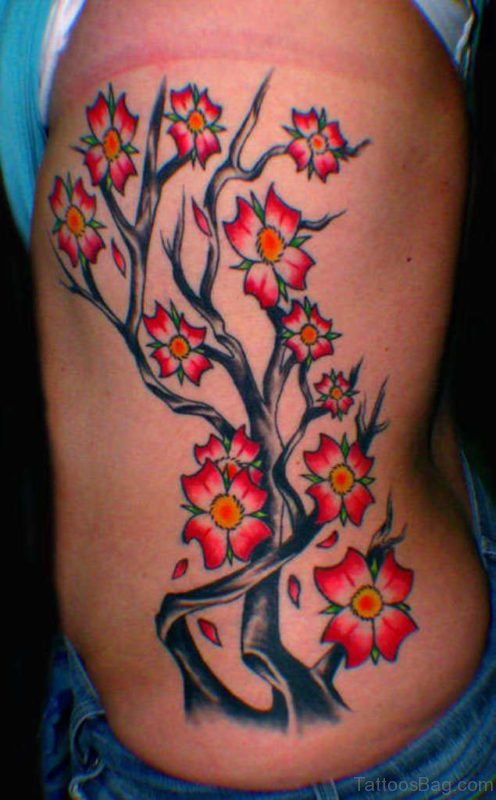 Red Flower And Tree Tattoo
