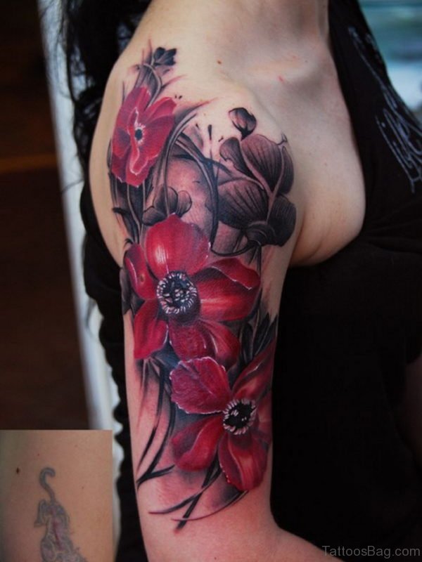 Red Flower Tattoo On Shoulder