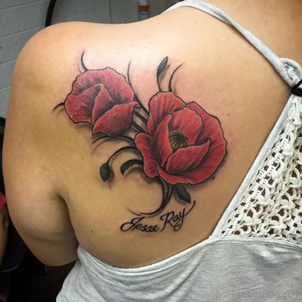 Red Flowers Tattoo On Upper Back