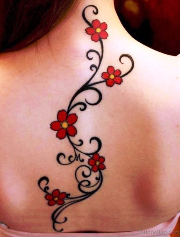Red Flowers Vine Tattoo On Back