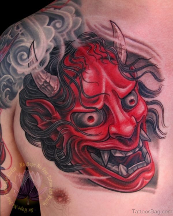 Red Hannya Mask Tattoo On Chest