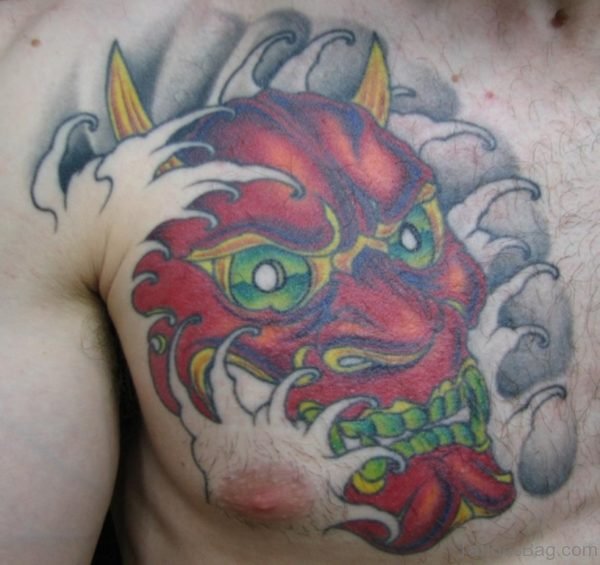 Red Hannya Mask Tattoo On Chest Image